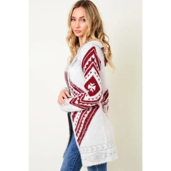 Wine Fuzzy Soft Knit Long Sleeve Aztec Tribal Native Western Cardigan Sweater - Picture 3 of 9